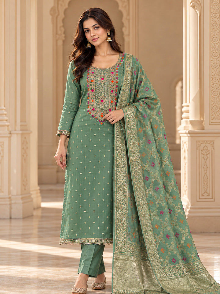 Aqua Green Chanderi Embroidered Unstitched Dress Material