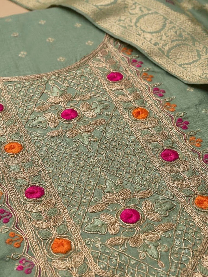 Aqua Green Chanderi Embroidered Unstitched Dress Material