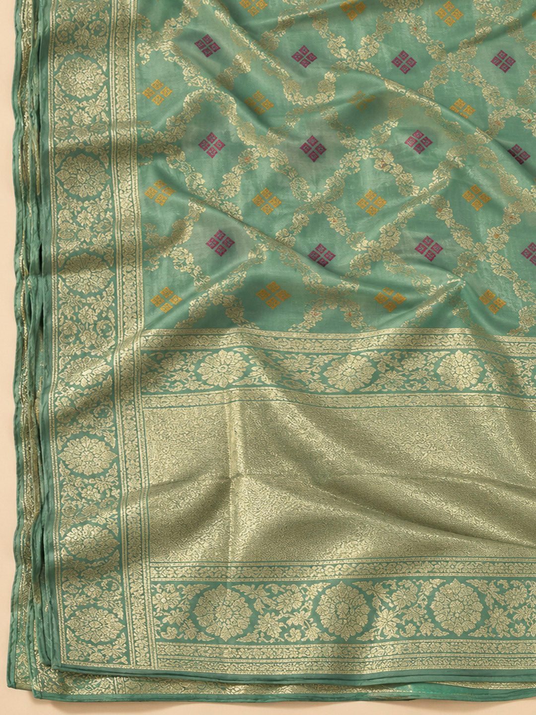 Aqua Green Chanderi Embroidered Unstitched Dress Material