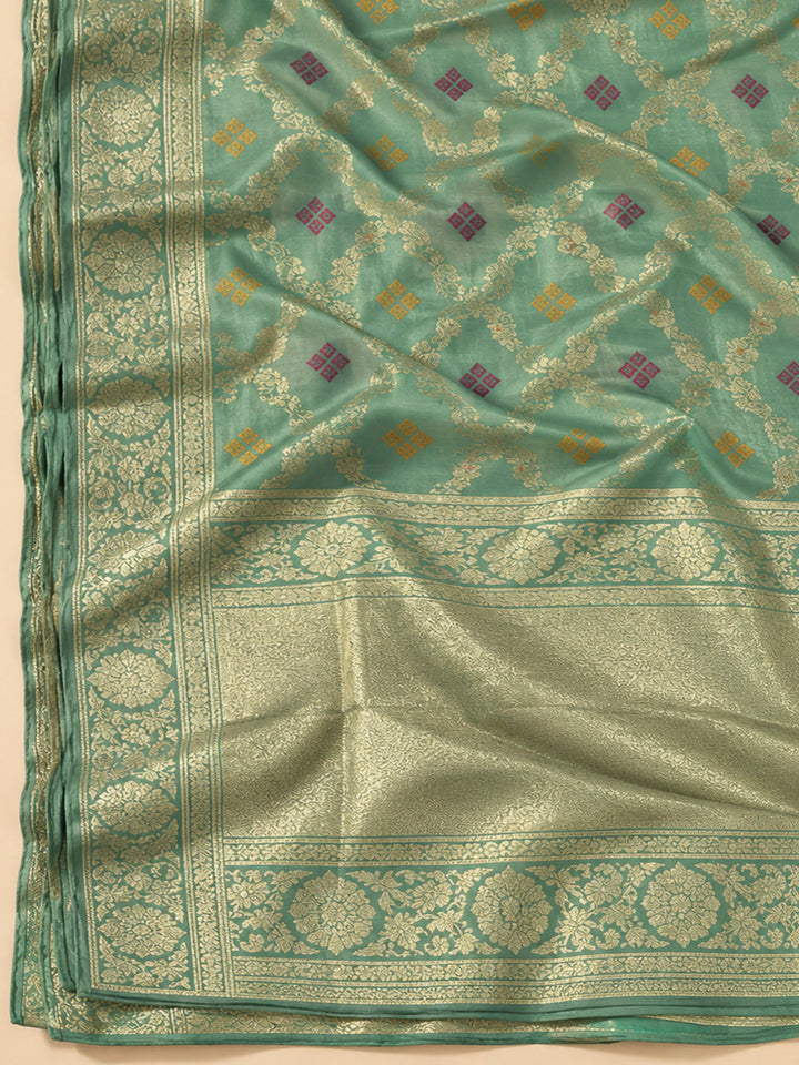 Aqua Green Chanderi Embroidered Unstitched Dress Material