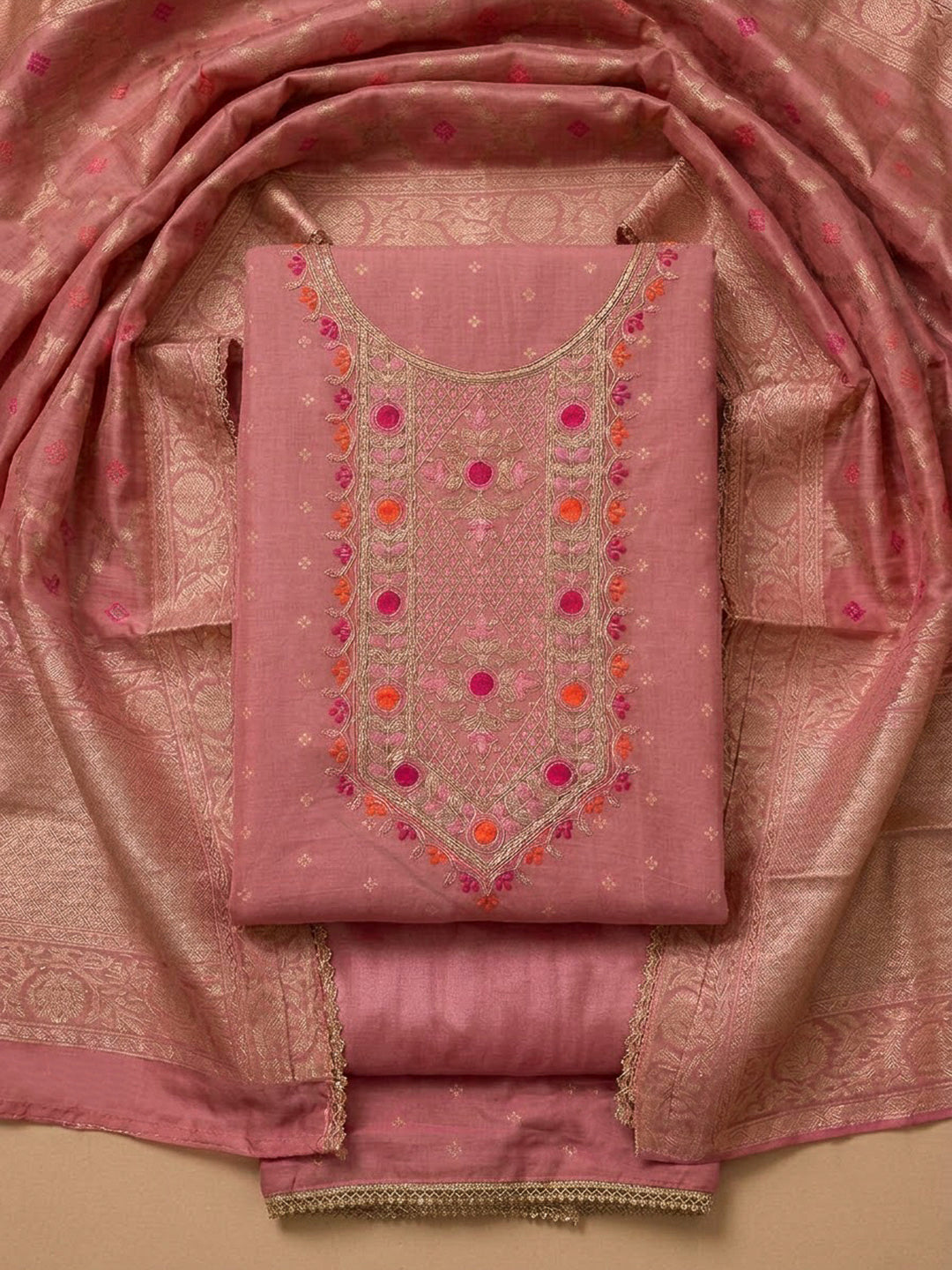 Pink Chanderi Embroidered Unstitched Dress Material