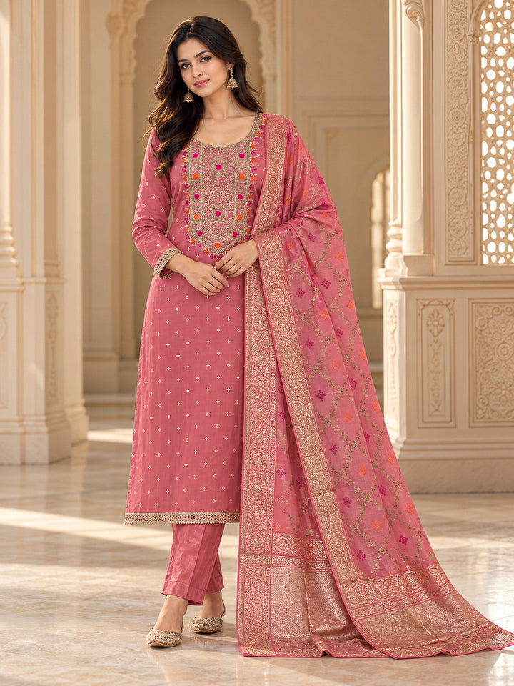 Pink Chanderi Embroidered Unstitched Dress Material