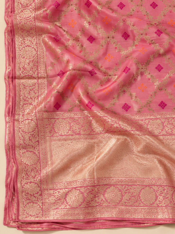 Pink Chanderi Embroidered Unstitched Dress Material