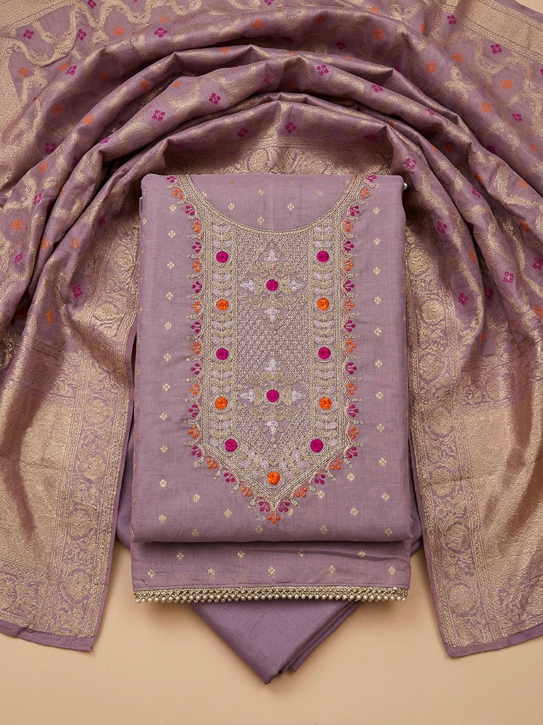 Purple Chanderi Embroidered Unstitched Dress Material