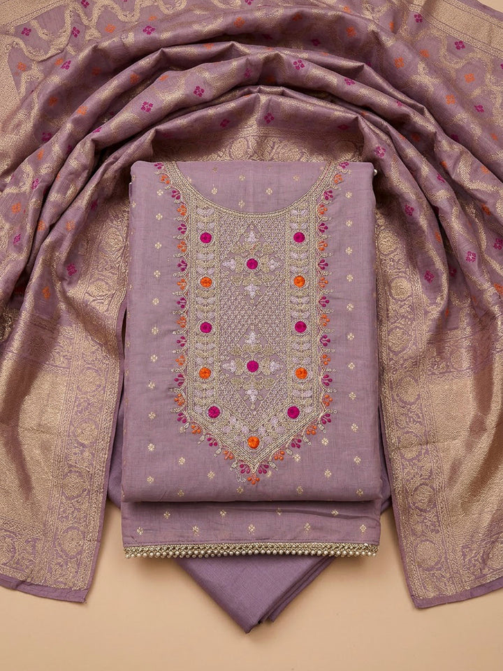 Purple Chanderi Embroidered Unstitched Dress Material