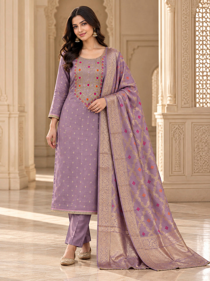 Purple Chanderi Embroidered Unstitched Dress Material