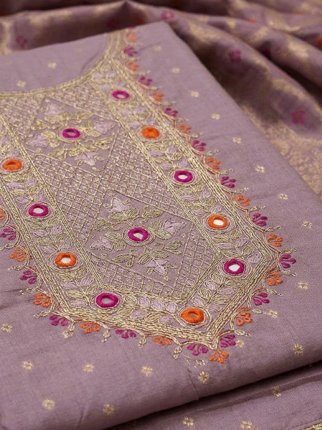 Purple Chanderi Embroidered Unstitched Dress Material