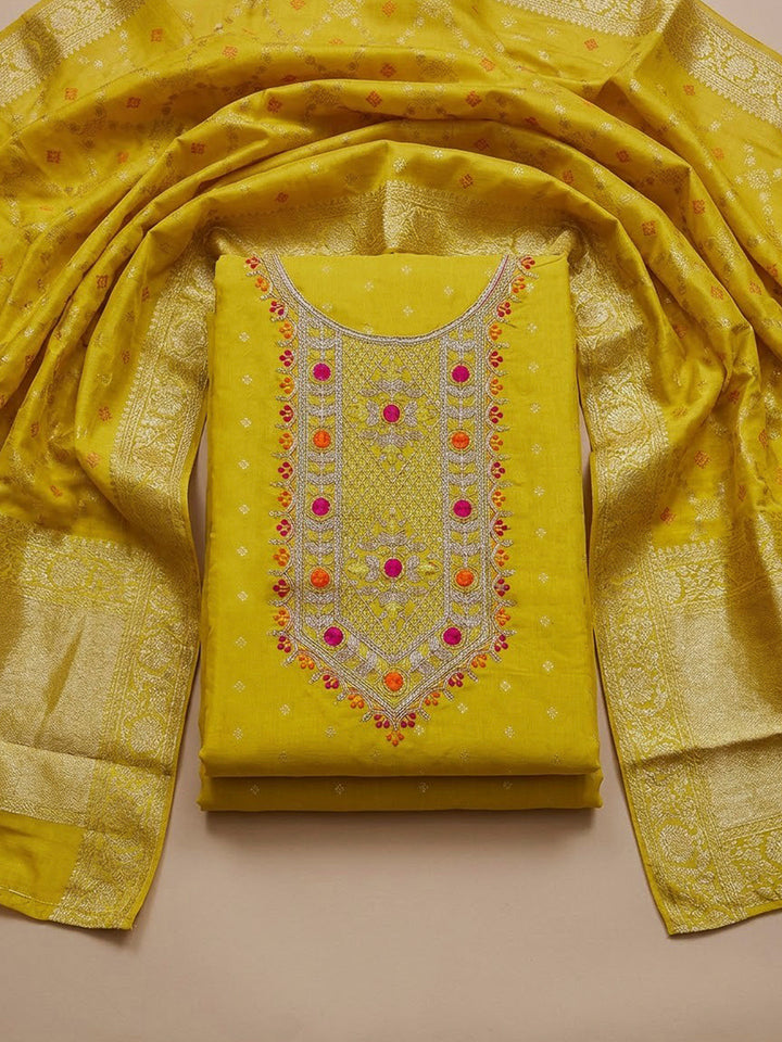 Yellow Chanderi Embroidered Unstitched Dress Material