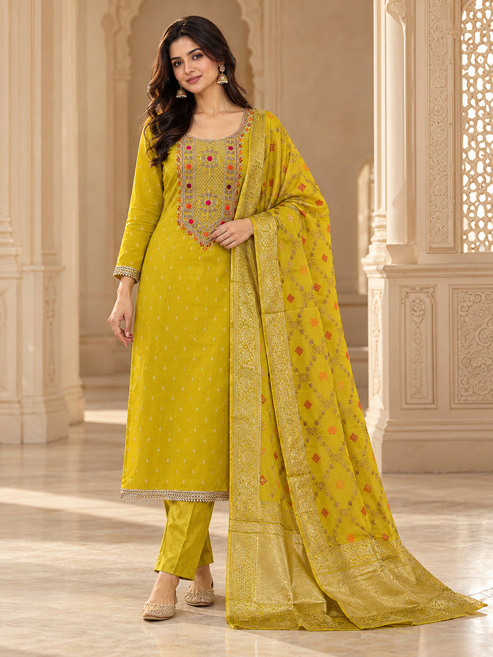 Yellow Chanderi Embroidered Unstitched Dress Material