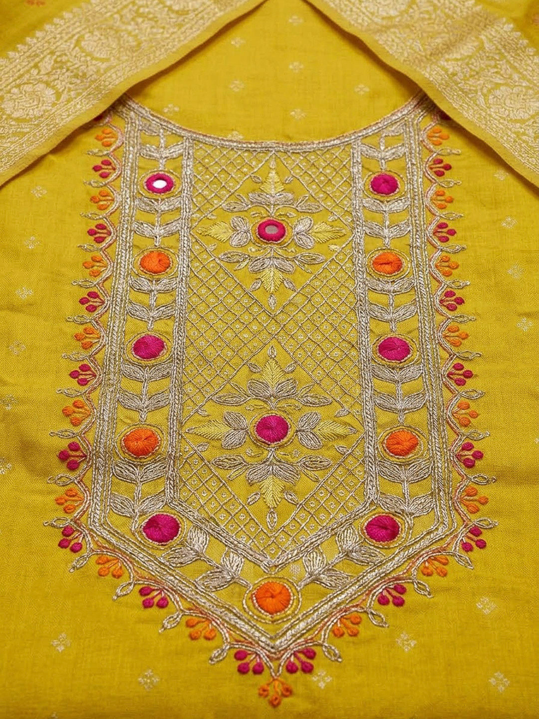 Yellow Chanderi Embroidered Unstitched Dress Material