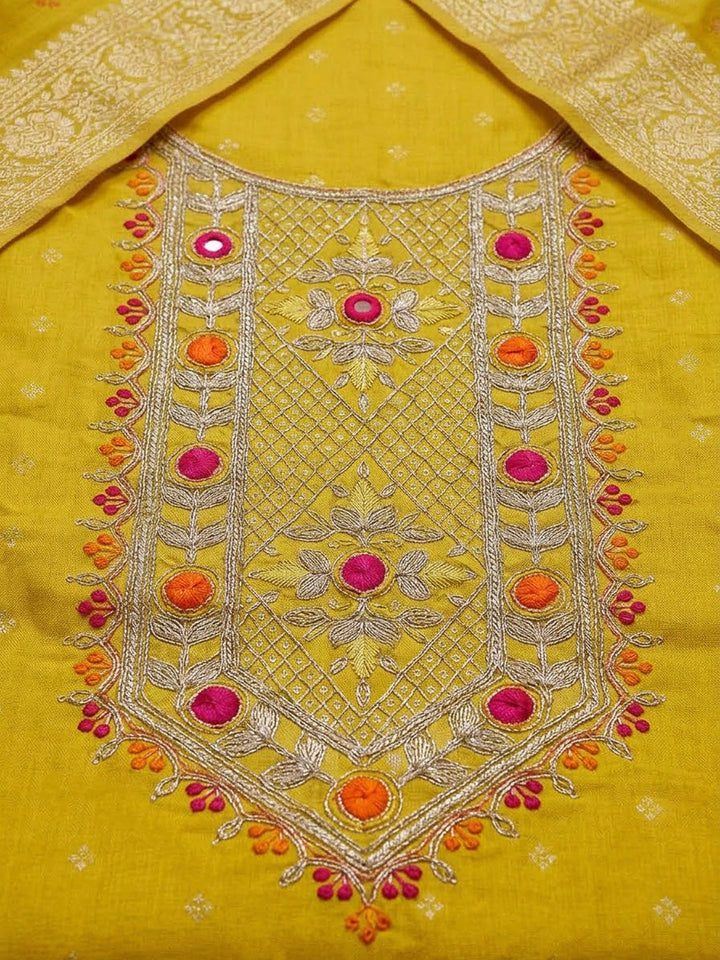 Yellow Chanderi Embroidered Unstitched Dress Material