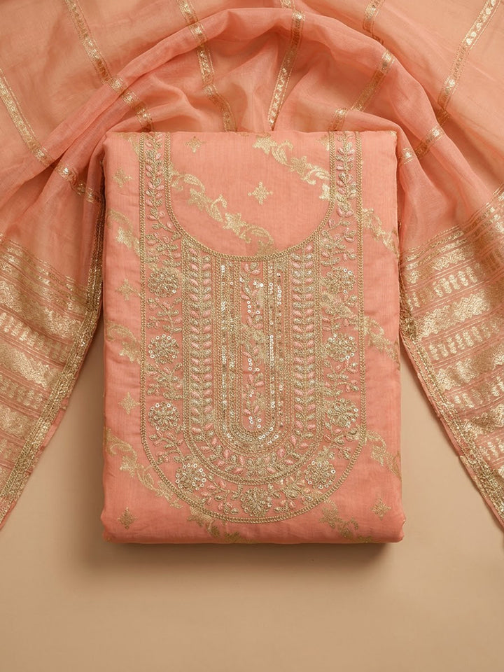 Peach Chanderi Embroidered Unstitched Dress Material