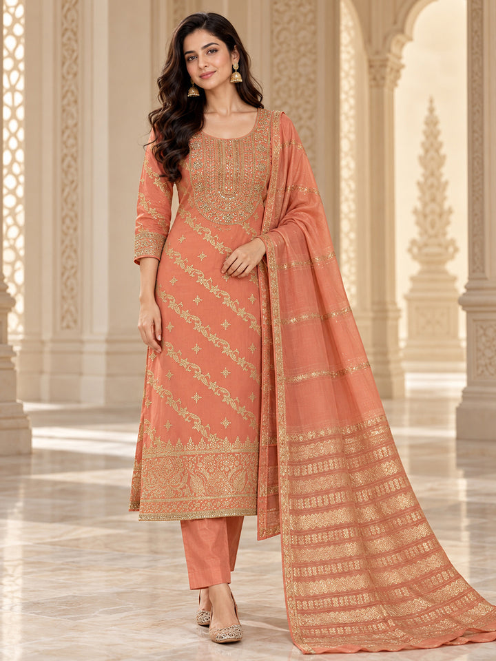 Peach Chanderi Embroidered Unstitched Dress Material