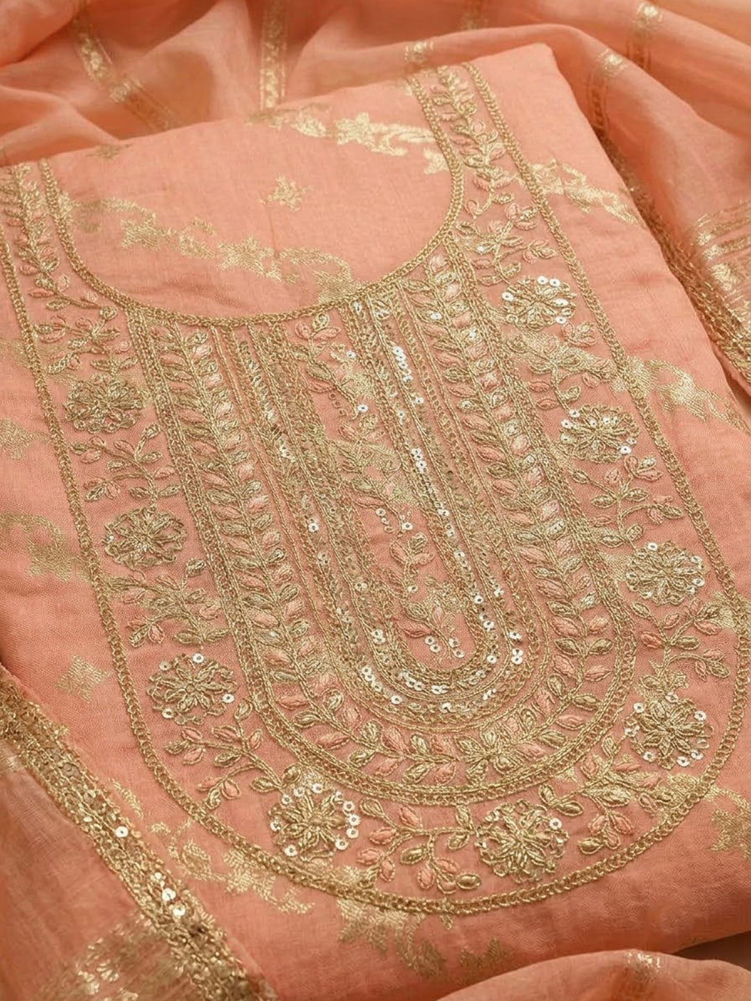 Peach Chanderi Embroidered Unstitched Dress Material