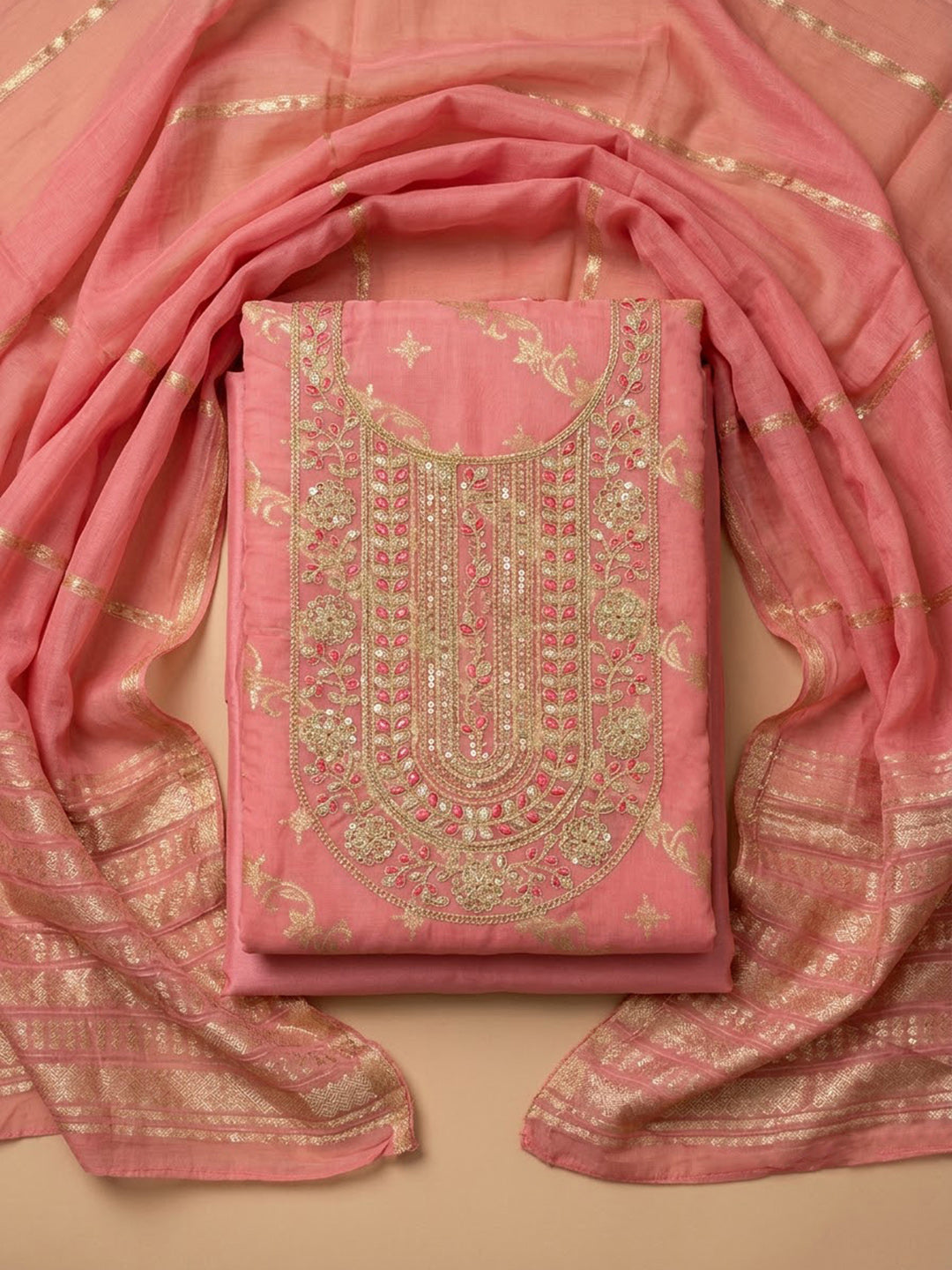 Pink Chanderi Embroidered Unstitched Dress Material