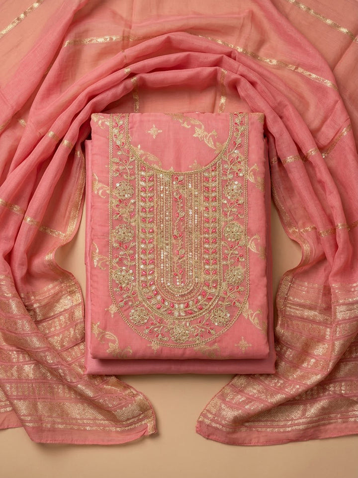 Pink Chanderi Embroidered Unstitched Dress Material