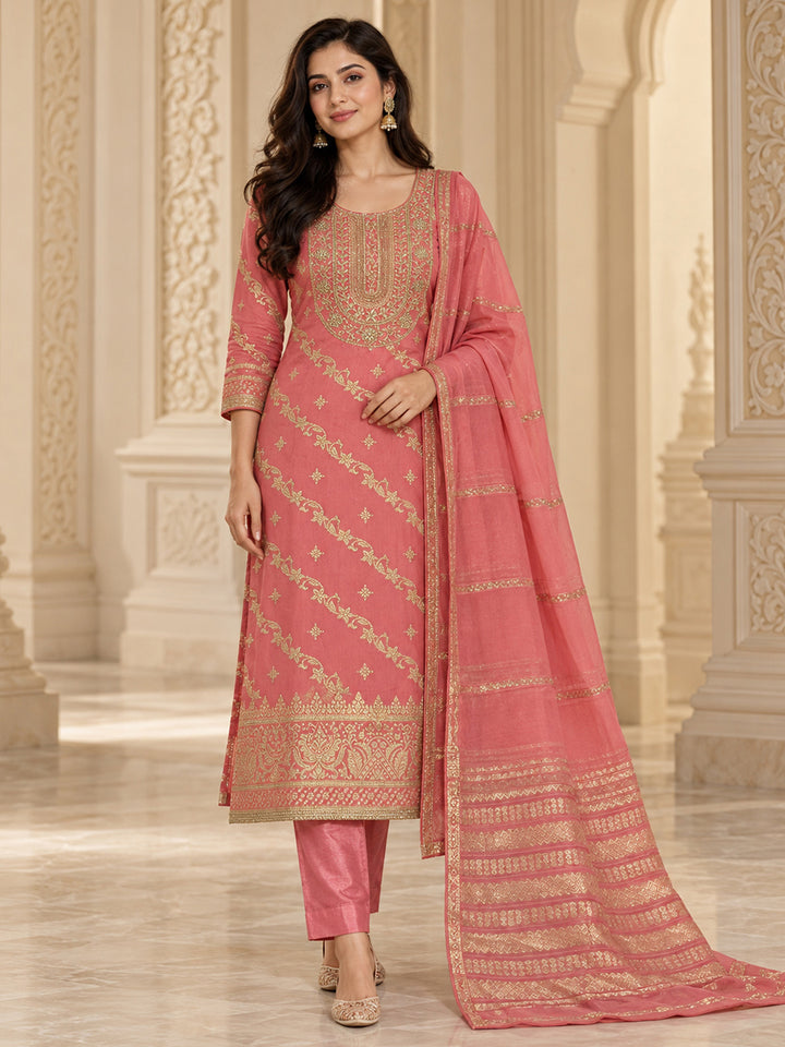 Pink Chanderi Embroidered Unstitched Dress Material