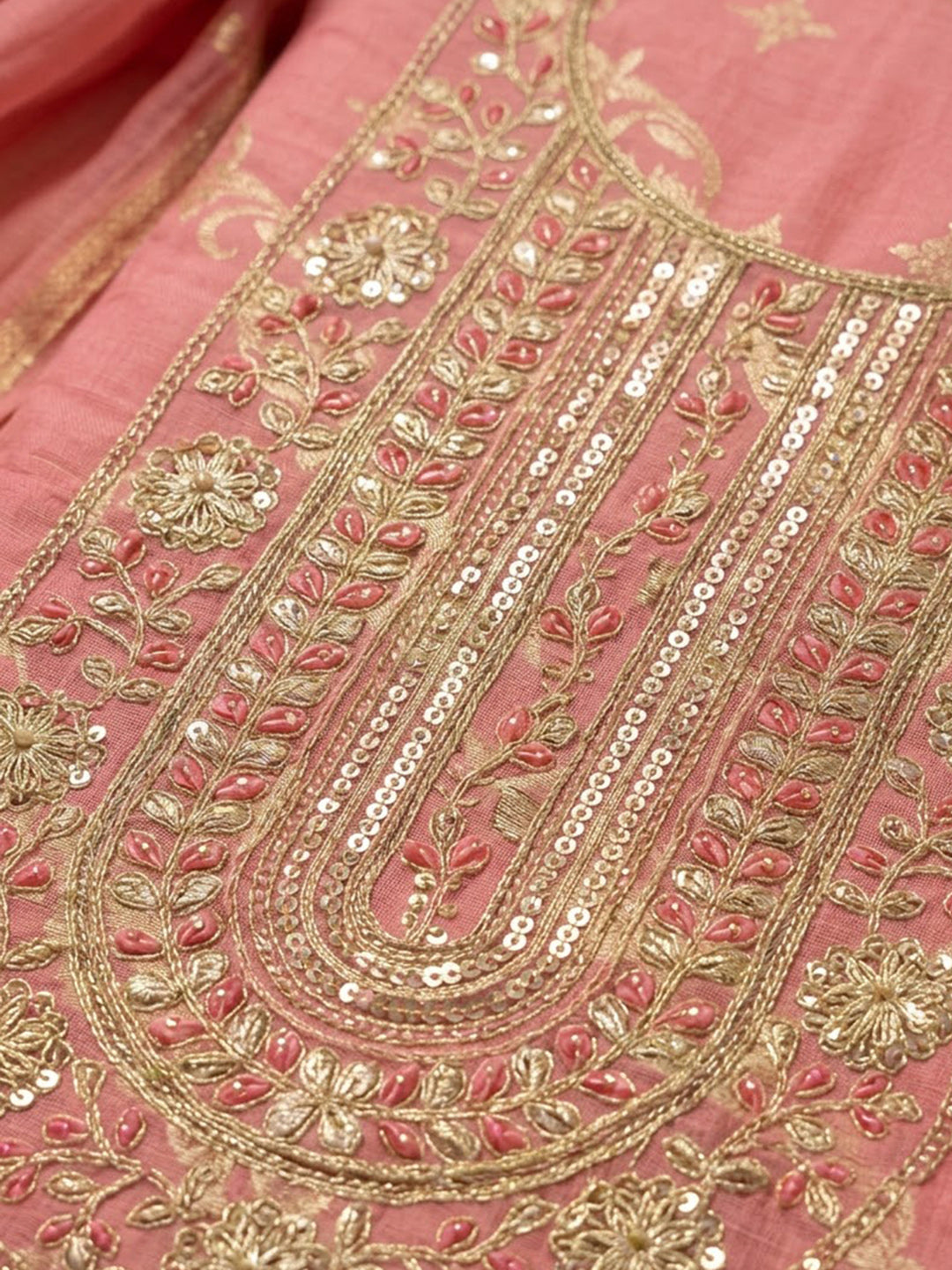 Pink Chanderi Embroidered Unstitched Dress Material