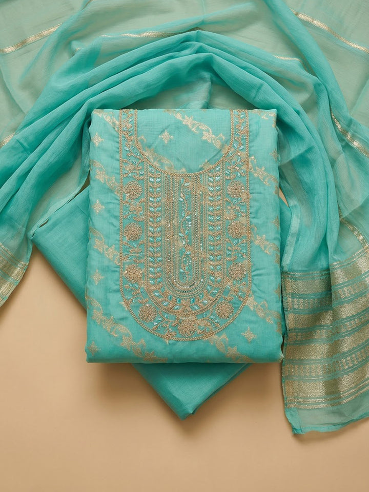 Sea Green Chanderi Embroidered Unstitched Dress Material