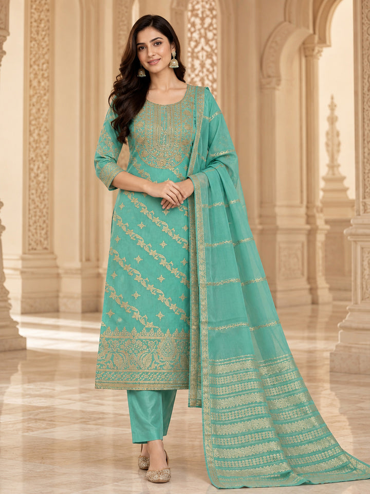 Sea Green Chanderi Embroidered Unstitched Dress Material