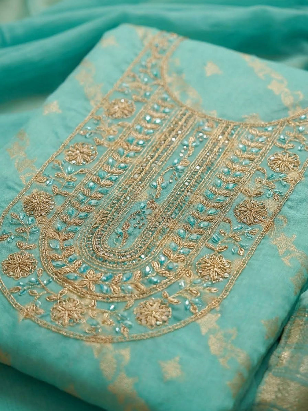 Sea Green Chanderi Embroidered Unstitched Dress Material