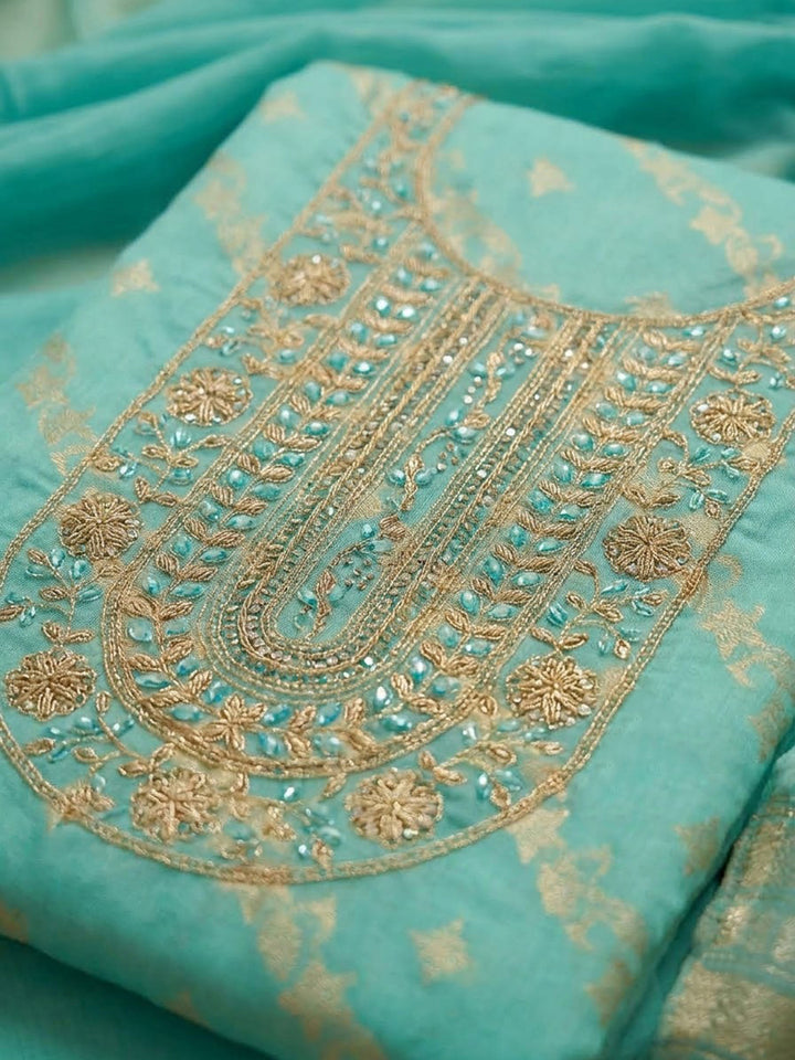 Sea Green Chanderi Embroidered Unstitched Dress Material