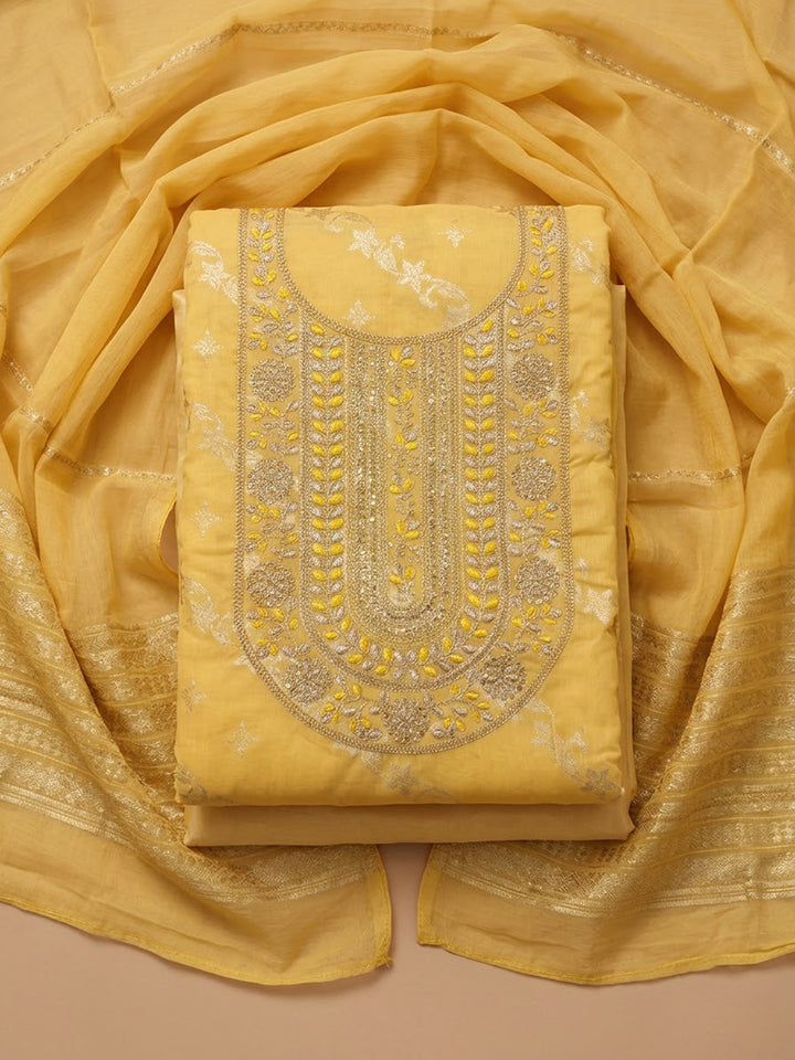 Yellow Chanderi Embroidered Unstitched Dress Material