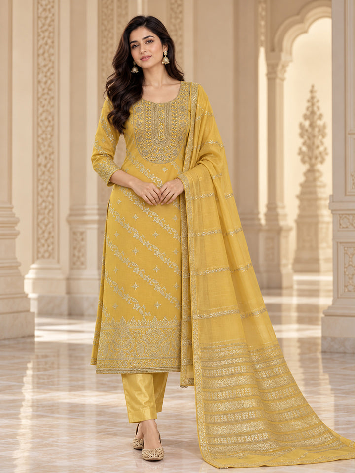 Yellow Chanderi Embroidered Unstitched Dress Material