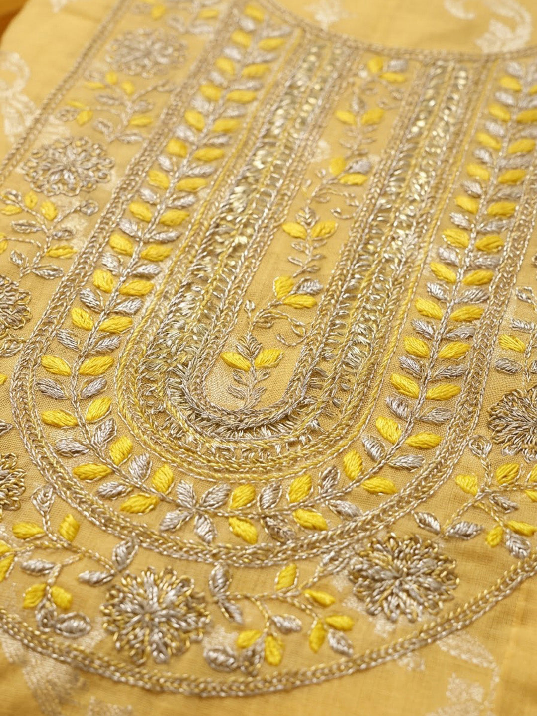 Yellow Chanderi Embroidered Unstitched Dress Material