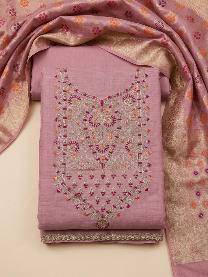 Onion Pink Chanderi Embroidered Unstitched Dress Material