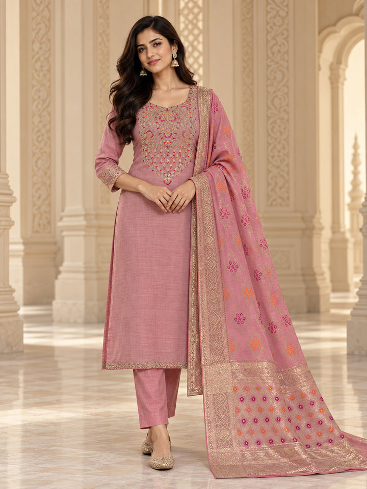 Onion Pink Chanderi Embroidered Unstitched Dress Material