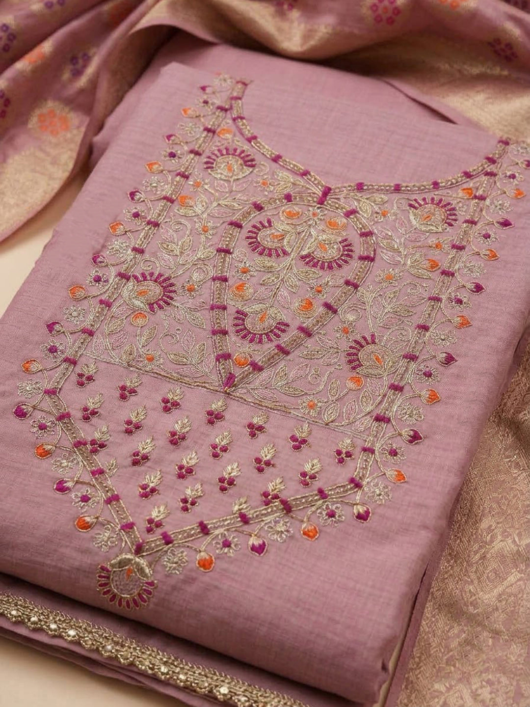 Onion Pink Chanderi Embroidered Unstitched Dress Material