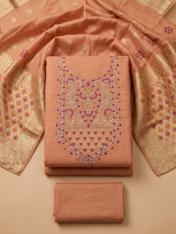 Peach Chanderi Embroidered Unstitched Dress Material