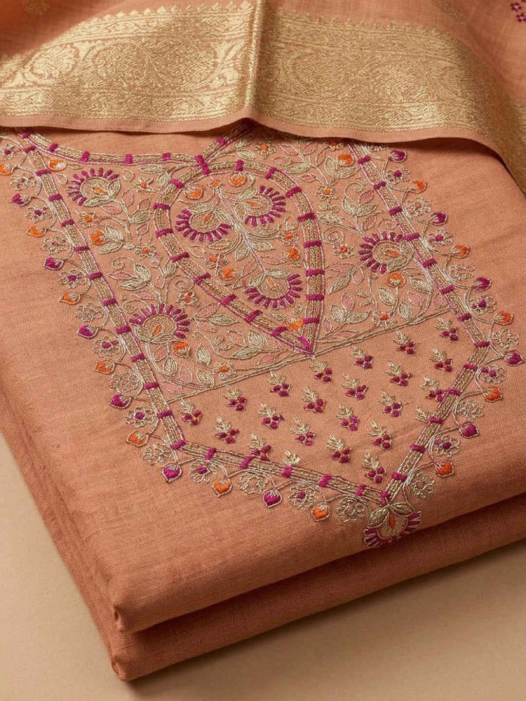 Peach Chanderi Embroidered Unstitched Dress Material