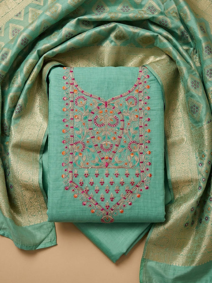 Sea Green Chanderi Embroidered Unstitched Dress Material