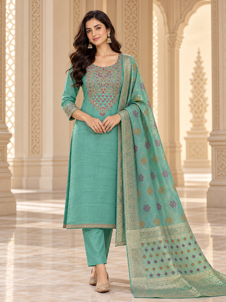 Sea Green Chanderi Embroidered Unstitched Dress Material