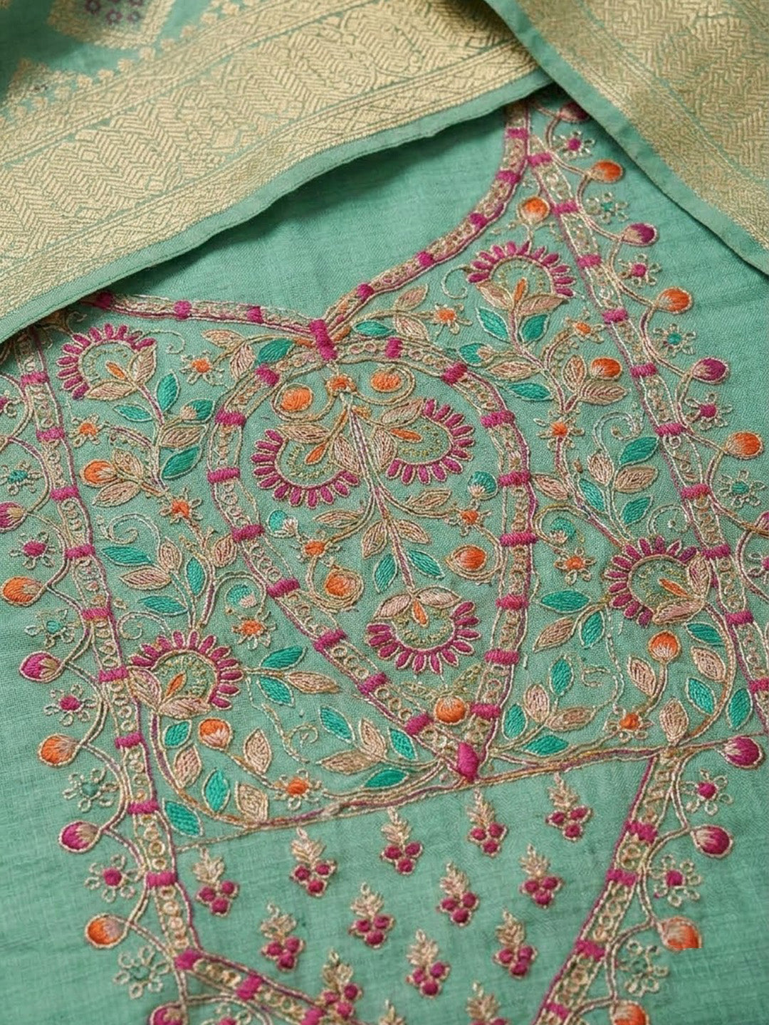 Sea Green Chanderi Embroidered Unstitched Dress Material
