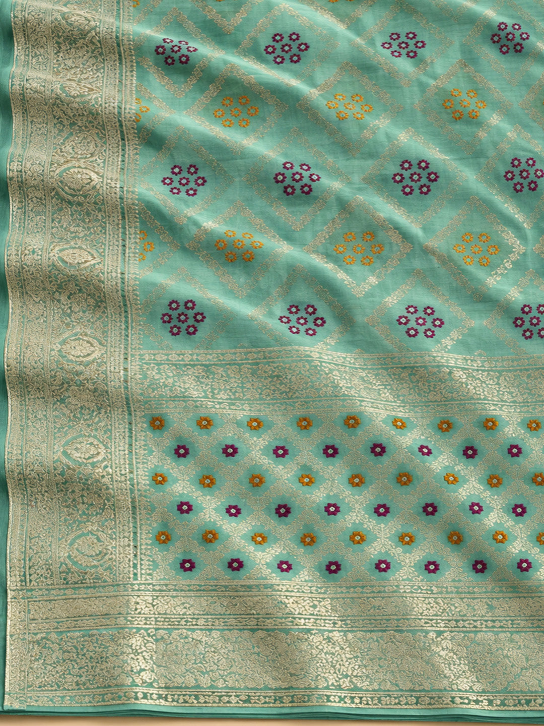 Sea Green Chanderi Embroidered Unstitched Dress Material