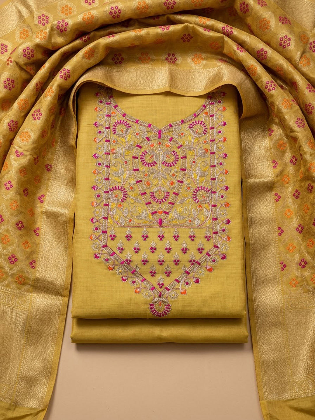 Yellow Chanderi Embroidered Unstitched Dress Material