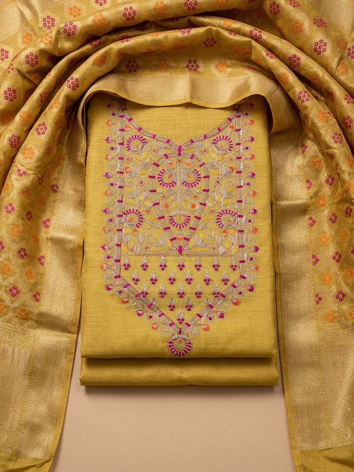 Yellow Chanderi Embroidered Unstitched Dress Material