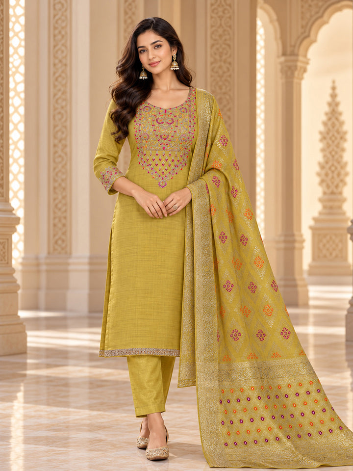 Yellow Chanderi Embroidered Unstitched Dress Material