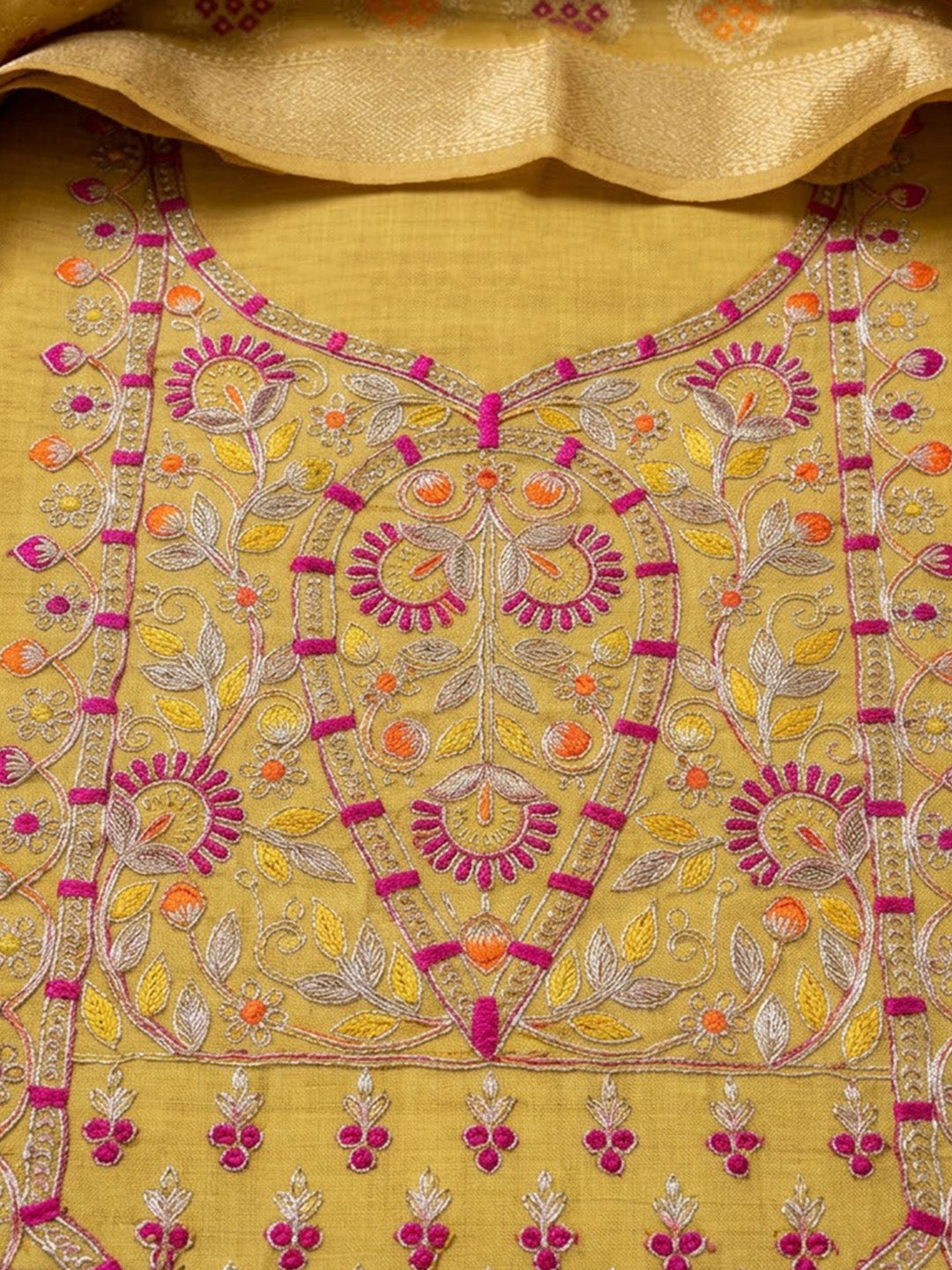 Yellow Chanderi Embroidered Unstitched Dress Material