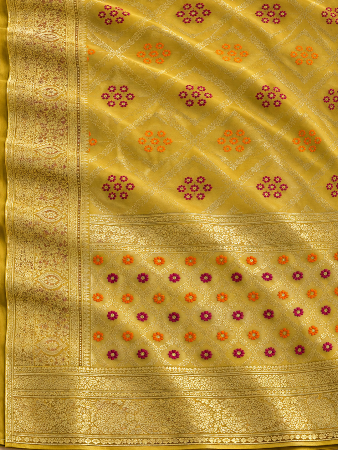 Yellow Chanderi Embroidered Unstitched Dress Material