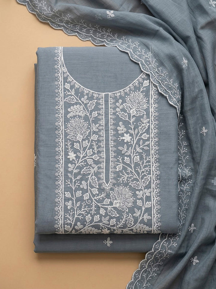Grey Chanderi Embroidered Unstitched Dress Material