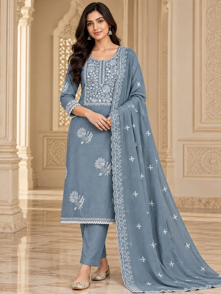 Grey Chanderi Embroidered Unstitched Dress Material