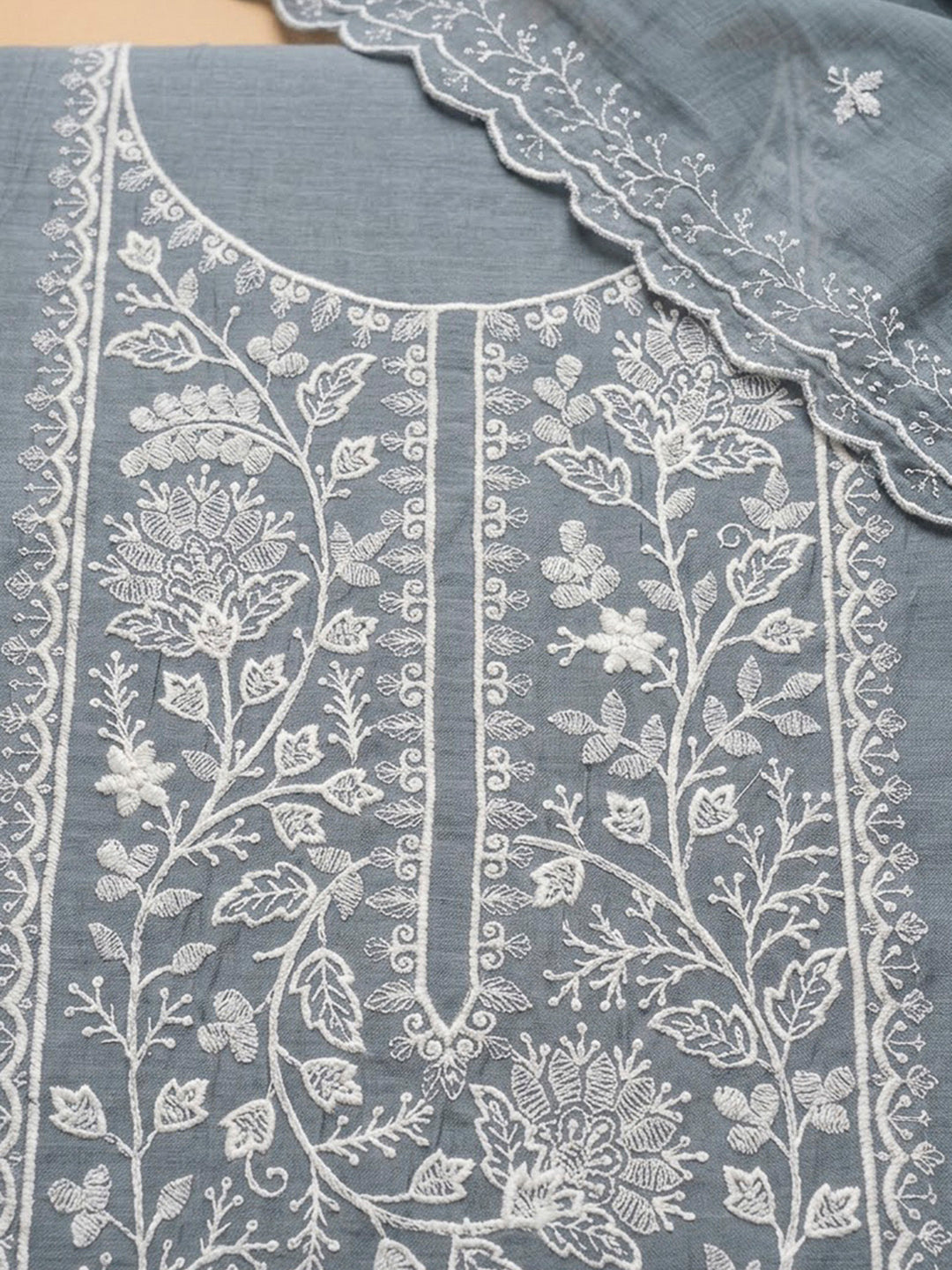 Grey Chanderi Embroidered Unstitched Dress Material