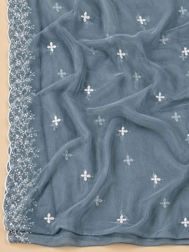 Grey Chanderi Embroidered Unstitched Dress Material