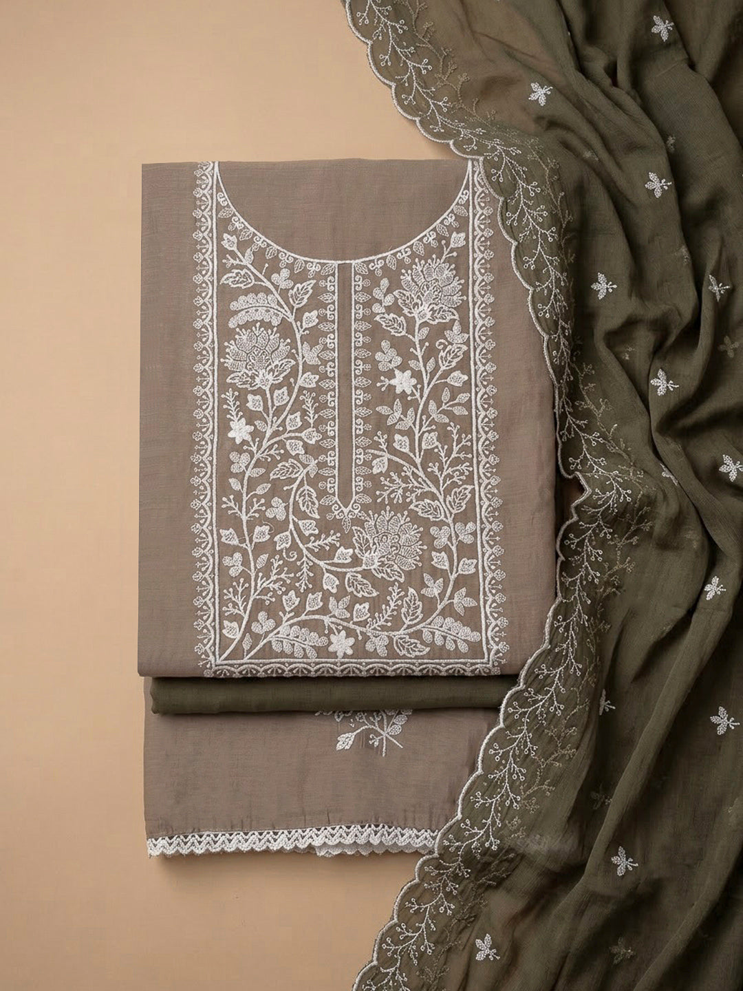 Mouse Chanderi Embroidered Unstitched Dress Material