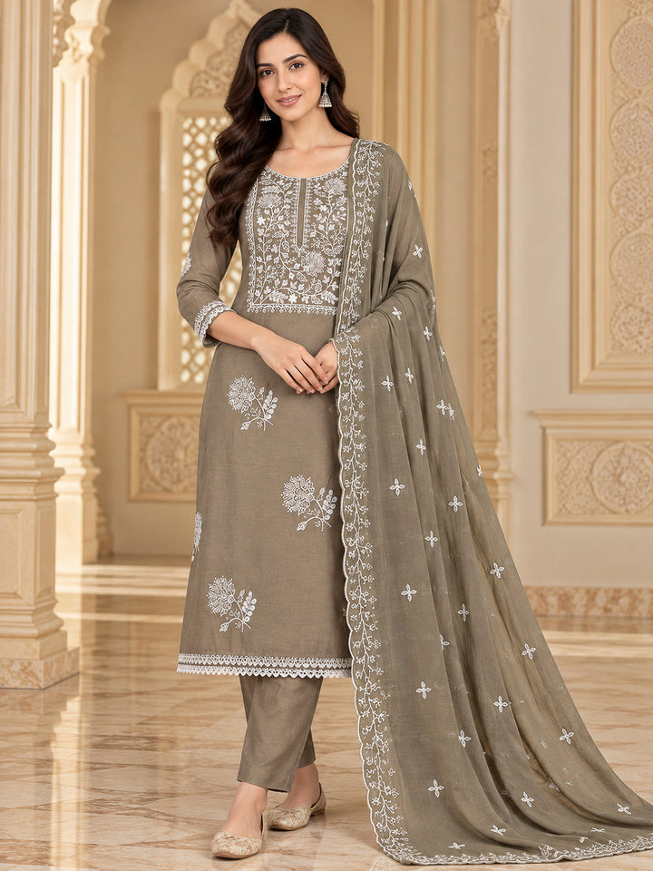 Mouse Chanderi Embroidered Unstitched Dress Material