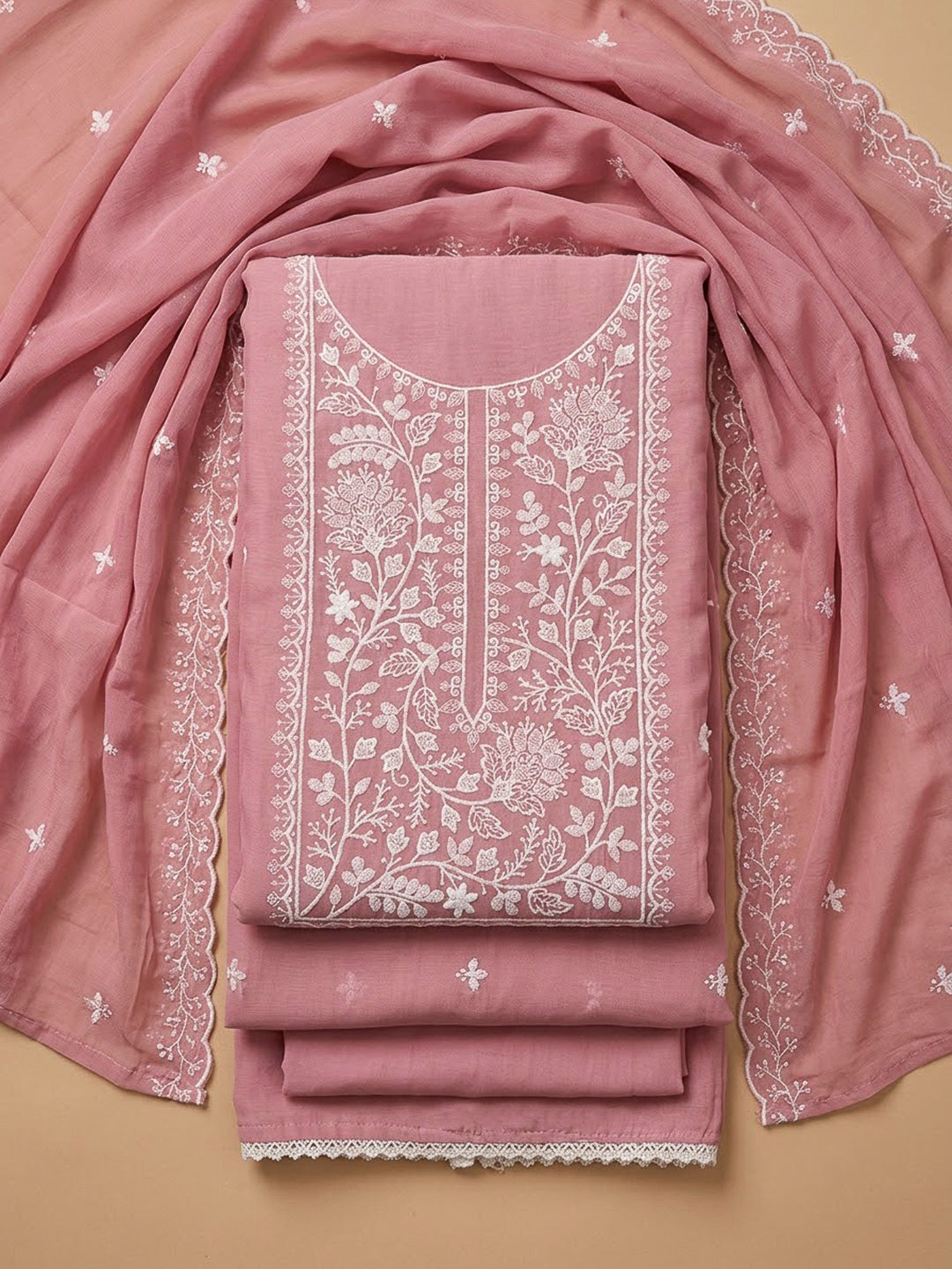 Onion Pink Chanderi Embroidered Unstitched Dress Material